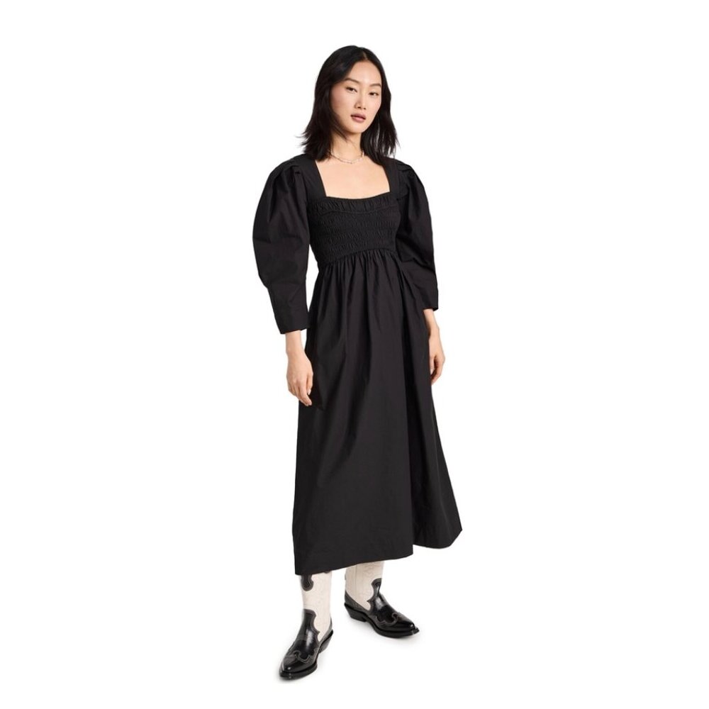 Ganni Black Cotton Poplin Open-Neck Smock Dress